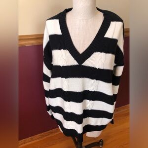 Chaps Black & White Striped Cable Knit V-Neck Sweater Size XL